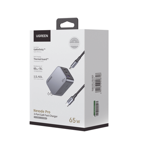 Cargador de 65W serie Nexode Pro - 3 Puertos de Carga Rápida - 2 USB-C - 1 USB-A - Tecnología GaNInfinity - PD3.1 de 65W | QC4.0 - Tecnología de Protección Térmica - Optimiza la Carga - Caja de Aluminio - Incluye Cable U