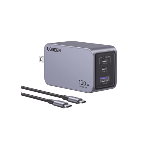 Cargador de 100W serie Nexode Pro - 3 Puertos de Carga Rápida - 2 USB-C - 1 USB-A - Tecnología GaNInfinity - PD3.1 de 100W | QC4.0 - Tecnología de Protección Térmica - Optimiza la Carga - Caja de Aluminio - Incluye Cable