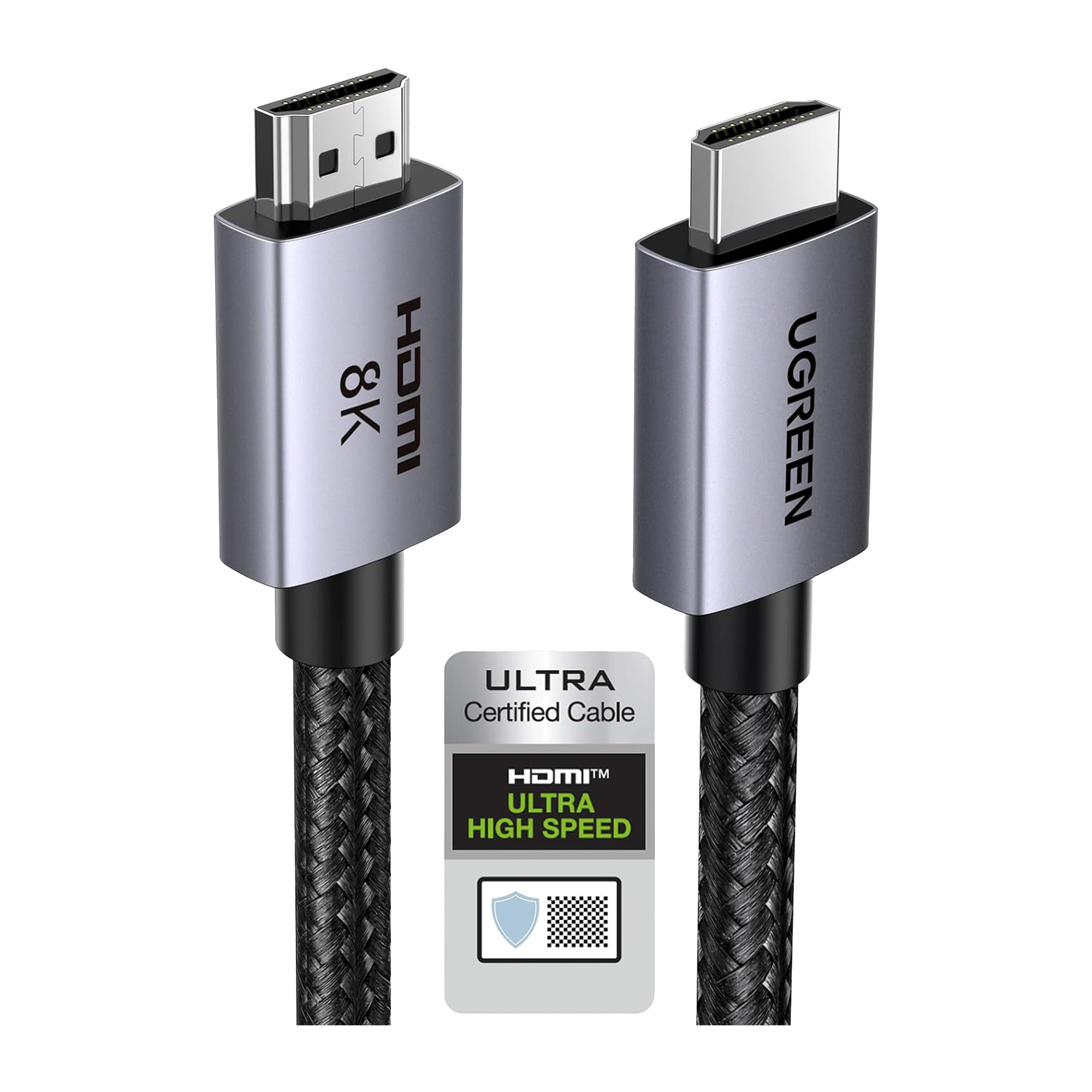 Cable HDMI 2.1 de 8K@60Hz - 2 Metros (6.56 Pies) - 48Gbps - HDR10+ - 3D Inversivo - eARC - Dolby ATMOS - VVR - QMS - QFT - ALLM - 3 Modos de Visualización - Certificado HDMI 8K - Niquelado - Nylon Trenzado - Carcasa de Aluminio