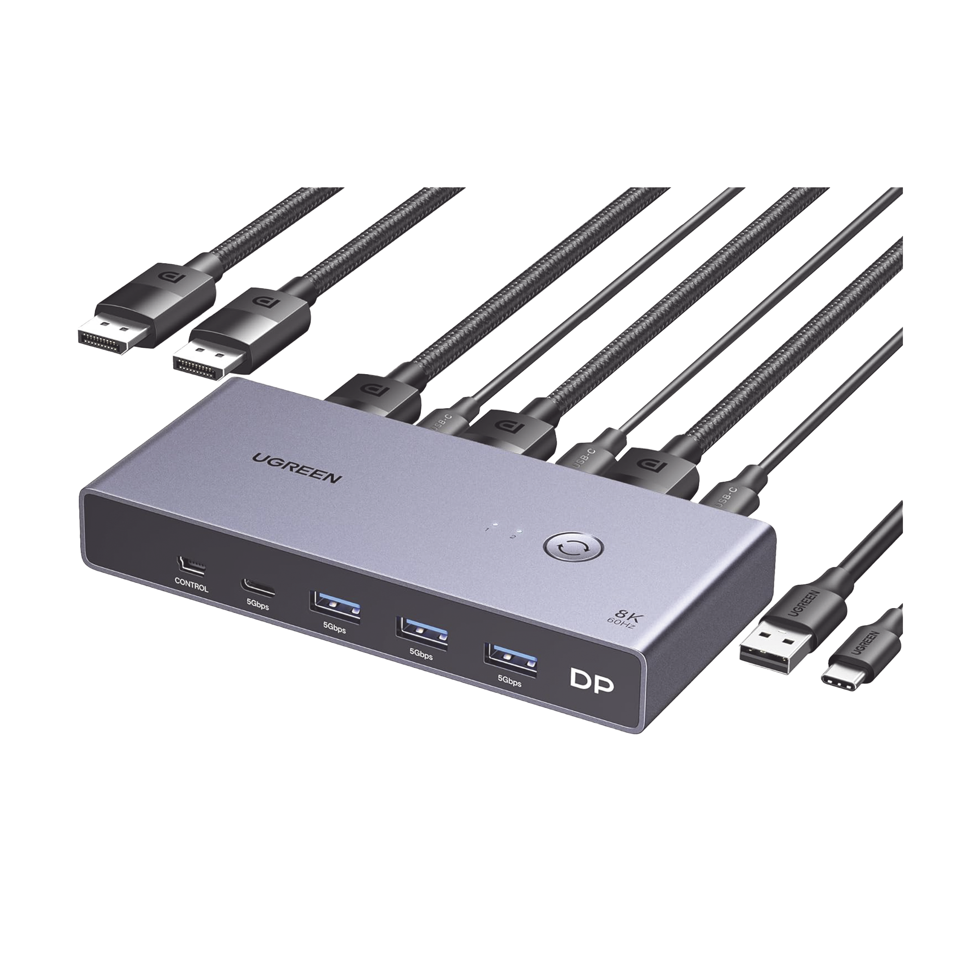 Conmutador KVM DisplayPort 8K - DP 1.4 - 2 Entradas 1 Salida - 4 Puertos USB 3.0 (3 USBA *1 USBC) - Soporta 8K@60Hz - HDR - Control de Escritorio - Carcasa de Aluminio - Indicador Led - Compatible Win, MacOs y Linux.