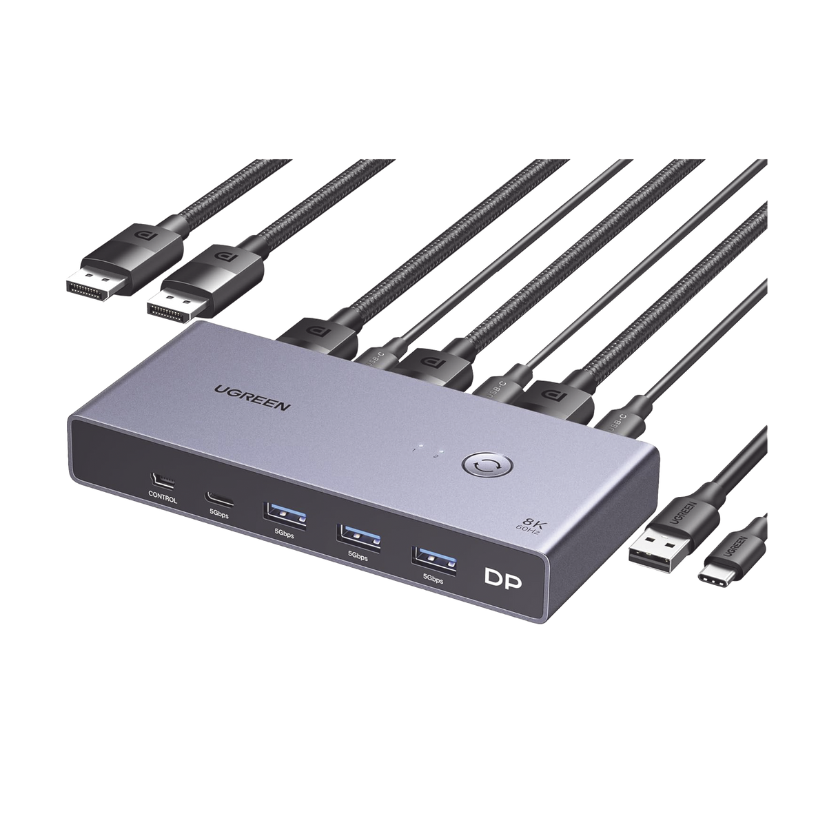 Conmutador KVM DisplayPort 8K - DP 1.4 - 2 Entradas 1 Salida - 4 Puertos USB 3.0 (3 USBA *1 USBC) - Soporta 8K@60Hz - HDR - Control de Escritorio - Carcasa de Aluminio - Indicador Led - Compatible Win, MacOs y Linux.
