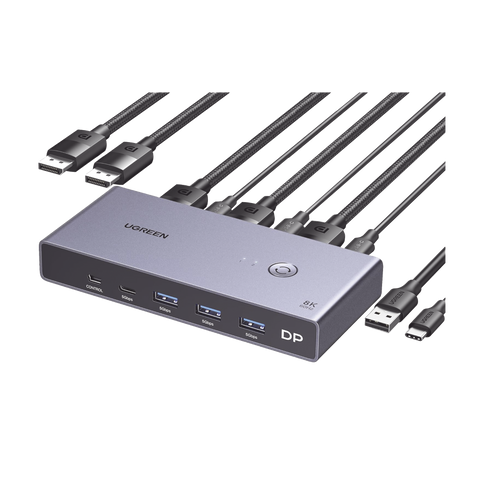 Conmutador KVM DisplayPort 8K - DP 1.4 - 2 Entradas 1 Salida - 4 Puertos USB 3.0 (3 USBA *1 USBC) - Soporta 8K@60Hz - HDR - Control de Escritorio - Carcasa de Aluminio - Indicador Led - Compatible Win, MacOs y Linux.