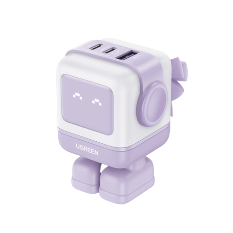 Cargador RobotGaN de 65W Serie UNO - 3 Puertos de Carga Rápida - 2 USB-C - 1 USB-A - PD 3.0 - QC 4.0 - Carga Inteligente - Tecnología GaN II - Zapato Magnético Extraíble - Carcasa Ignífuga - Pantalla LED