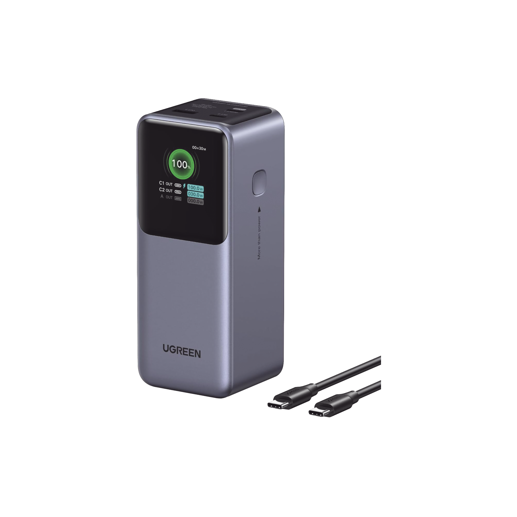 Power Bank de 20000mAh - 3 Salidas 130W Max. - USB-A + 2 USB-C - PD 3.0 - QC3.0 - FCP - SCP - Pantalla Inteligente - Carcasa Ignifuga - Color Gris - Incluye Cable USB de 50cm - Carga tu Laptop de Manera Segura.