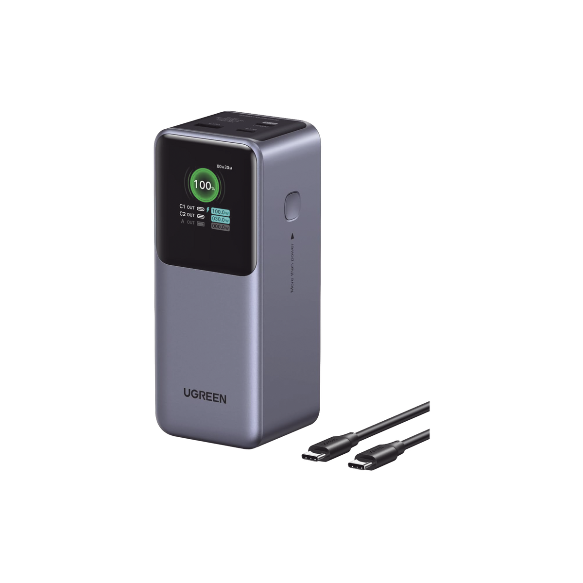 Power Bank de 20000mAh - 3 Salidas 130W Max. - USB-A + 2 USB-C - PD 3.0 - QC3.0 - FCP - SCP - Pantalla Inteligente - Carcasa Ignifuga - Color Gris - Incluye Cable USB de 50cm - Carga tu Laptop de Manera Segura.