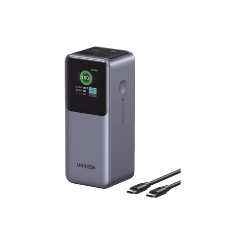 Power Bank de 20000mAh - 3 Salidas 130W Max. - USB-A + 2 USB-C - PD 3.0 - QC3.0 - FCP - SCP - Pantalla Inteligente - Carcasa Ignifuga - Color Gris - Incluye Cable USB de 50cm - Carga tu Laptop de Manera Segura.