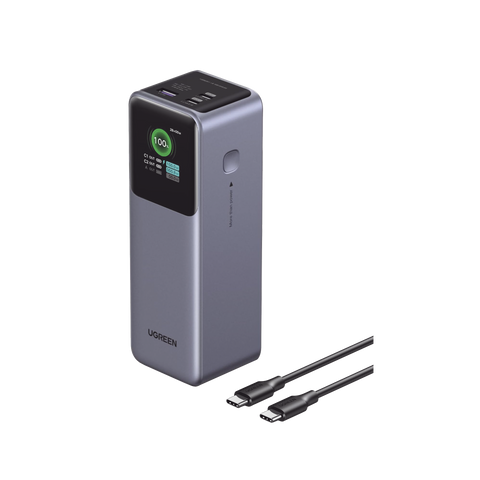 Power Bank de 25000mAh - 3 Salidas 200W Max. - USB-A + 2 USB-C - PD 3.0, QC3.0 - FCP - SCP - Pantalla Inteligente - Carcasa Ignifuga - Color Gris - Incluye Cable USB de 50cm - Carga tu Laptop de Manera Segura.