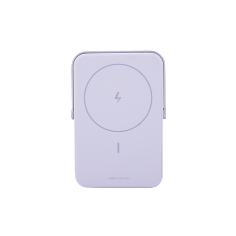 Power Bank Inalambrico - 5000mAh - 7.5W - Con Emojis de Estado - Carga Rápida USB-C Bidireccional - Pantalla TFT Inteligente - 13 niveles de Proteccion - Con Holder - Color Purple.