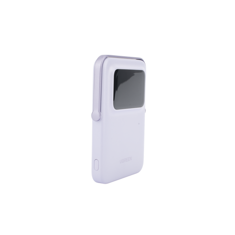 Power Bank Inalambrico - 5000mAh - 7.5W - Con Emojis de Estado - Carga Rápida USB-C Bidireccional - Pantalla TFT Inteligente - 13 niveles de Proteccion - Con Holder - Color Purple.