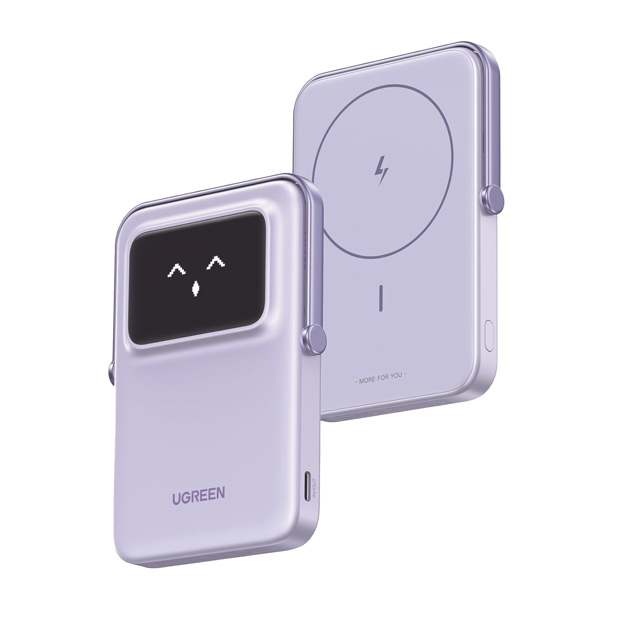Power Bank Inalambrico - 5000mAh - 7.5W - Con Emojis de Estado - Carga Rápida USB-C Bidireccional - Pantalla TFT Inteligente - 13 niveles de Proteccion - Con Holder - Color Purple.