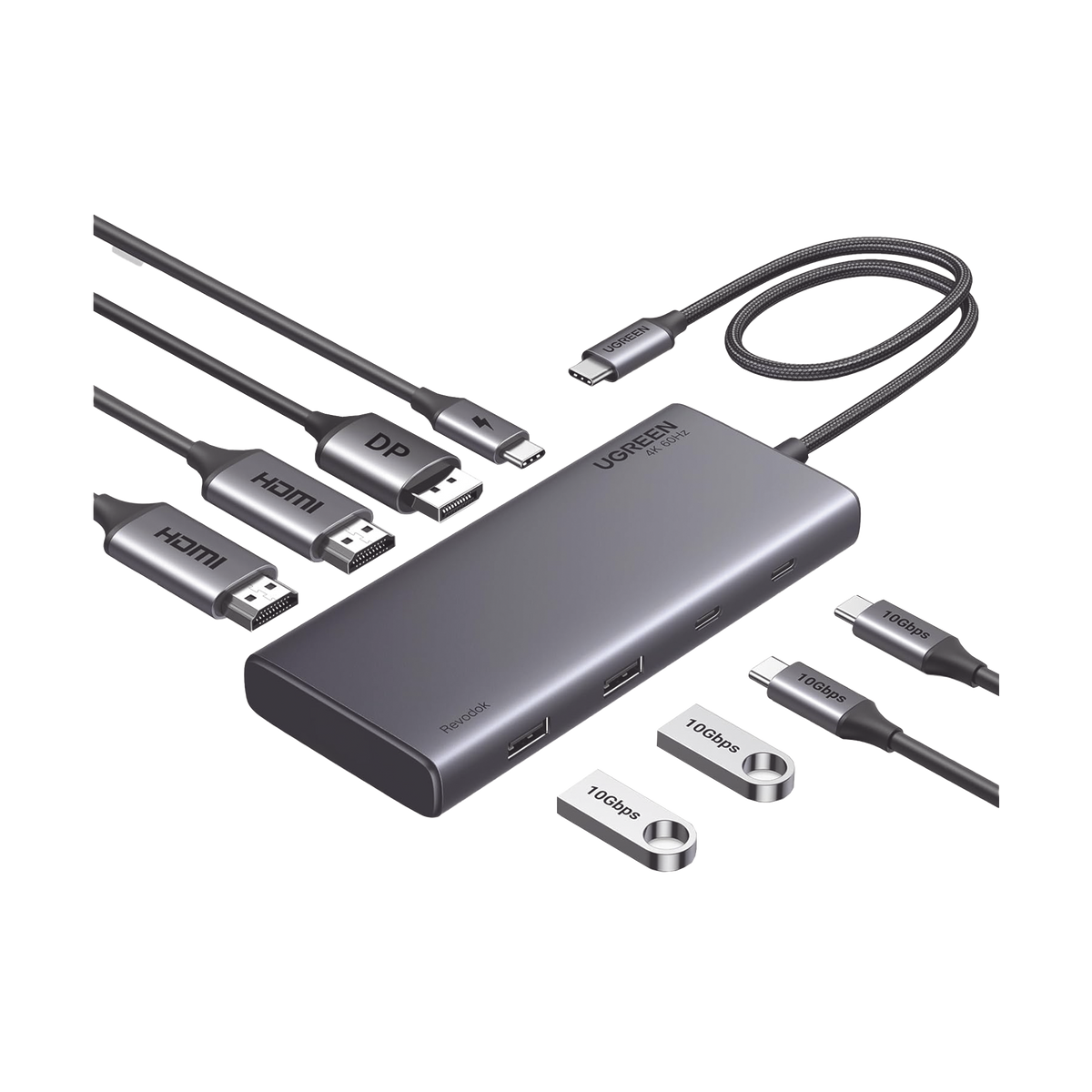HUB USB-C (Docking Revodok 308) 8 en 1 - 2 Puertos HDMI 4K@60Hz - 1 Puerto DisplayPort 4K@60Hz 2 USB-A 10Gbps) - 2 USB-C (10Gbps) - USB-C PD Carga 100W - Chip de Ultima Generacion - Carcasa de Aluminio.