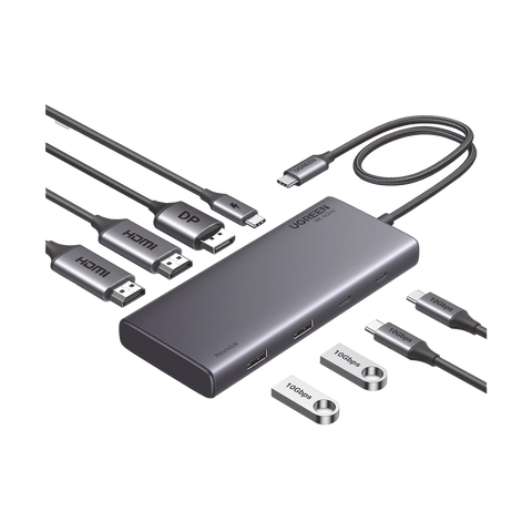 HUB USB-C (Docking Revodok 308) 8 en 1 - 2 Puertos HDMI 4K@60Hz - 1 Puerto DisplayPort 4K@60Hz 2 USB-A 10Gbps) - 2 USB-C (10Gbps) - USB-C PD Carga 100W - Chip de Ultima Generacion - Carcasa de Aluminio.