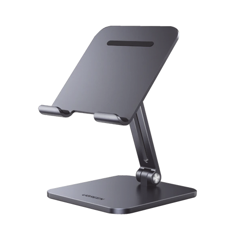 Soporte de Aluminio para IPad & Tablet - Plegable -Angulo Ajustable de 180° y 270° - Base Antideslizante - Protección de Silicona - Amplia Compatibilidad con dispositivos de 7.9'' a 12.9'' - Aluminio Solido - Color Gris