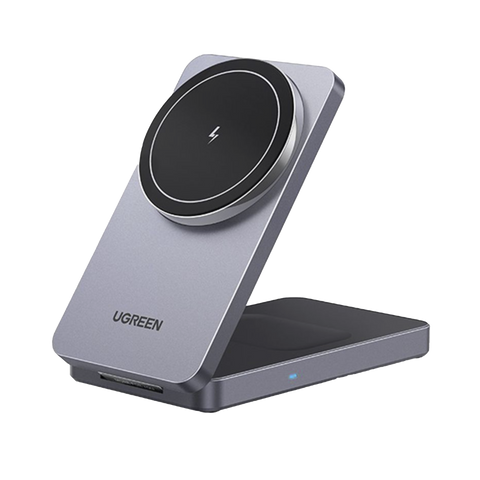 Cargador Inalámbrico 2 en 1 20W | Tecnología Qi2 15W Certificada | Carga Simultánea iPhone y AirPods | Ángulo Ajustable 70° | Diseño Plegable y Portátil | Compatibilidad Universal