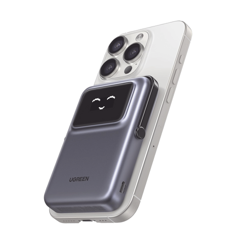 Power Bank Serie UNO Inalambrico - 10000mAh - 7.5W/20W - Con Emojis de Estado - Carga Rápida USB-C Bidireccional - Pantalla TFT Inteligente - Con Holder - Color Grey.