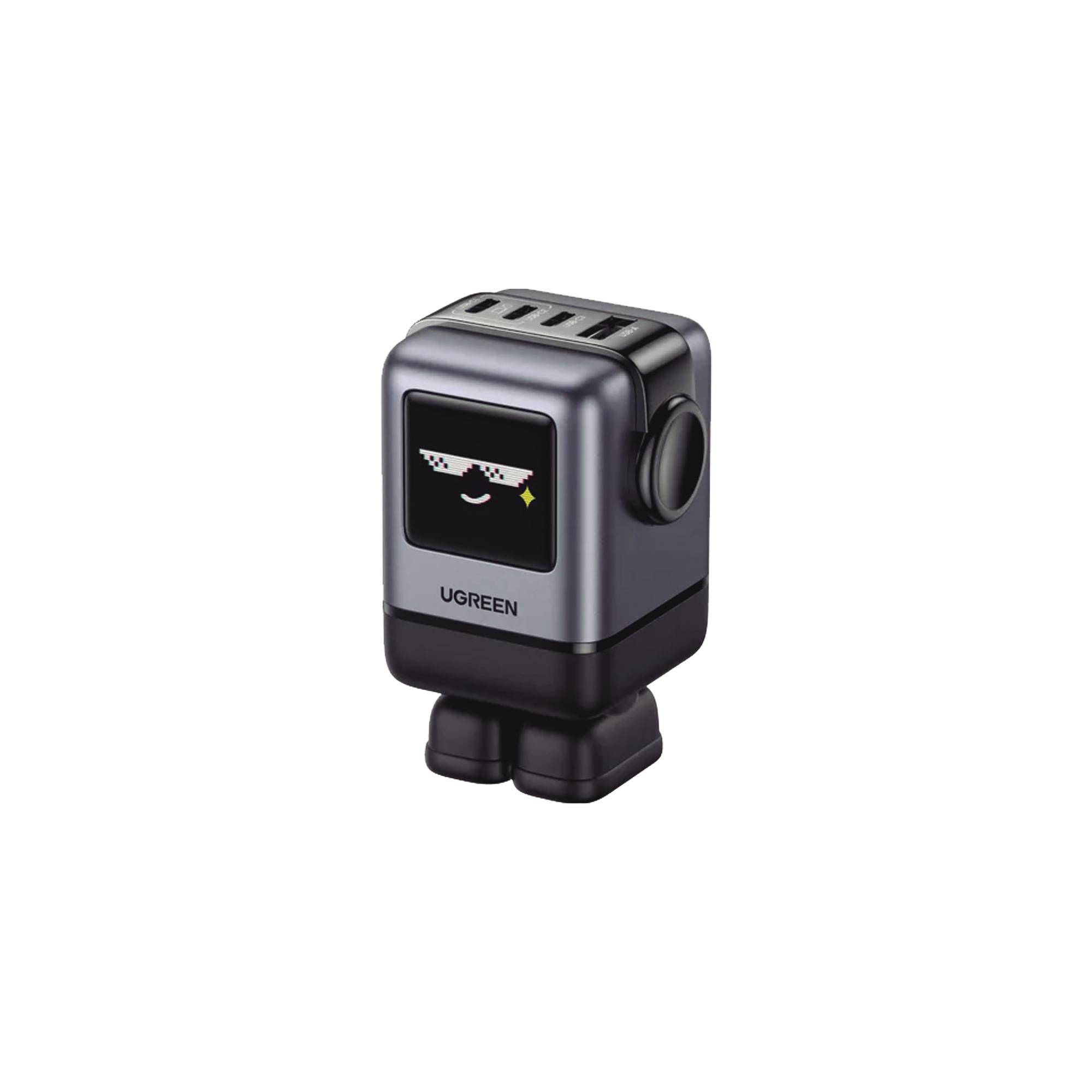 Cargador RobotGaN de 100W Serie UNO - 4 Puertos de Carga Rápida - 3 USB-C - 1 USB-A - PD 3.0 - QC 4.0 - Carga Inteligente - Tecnología GaN II - Zapato Magnético Extraíble - Carcasa Ignífuga - Pantalla LED