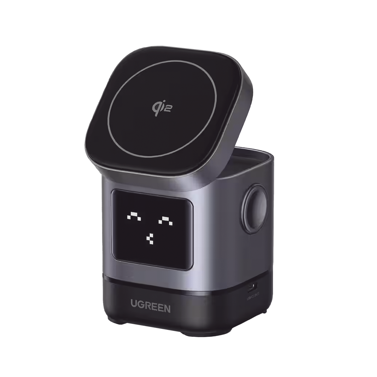 Cargador Inalámbrico Robot 2 en 1 UGREEN Qi2 | 15W Ultra Rápido para iPhone | 5W para AirPods | Pantalla Inteligente con Expresiones | Imanes N48H | Puerto USB-C 5W para Apple Watch | Compatibilidad MPP