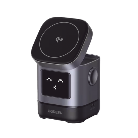 Cargador Inalámbrico Robot 2 en 1 UGREEN Qi2 | 15W Ultra Rápido para iPhone | 5W para AirPods | Pantalla Inteligente con Expresiones | Imanes N48H | Puerto USB-C 5W para Apple Watch | Compatibilidad MPP