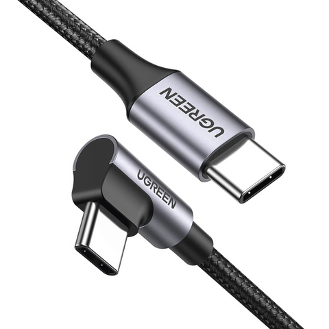 Cable USB-C a USB-C - 1 Metro (3.28 Pies) - Conector con Ángulo Recto de 90° - Carga Rápida de hasta 60W - 480 Mbps - PD3.0 - QC4.0/3.0/2.0 - FPC - AFC - Protección Integrada - Caja de Aluminio - Nylon Trenzado - Color Negro