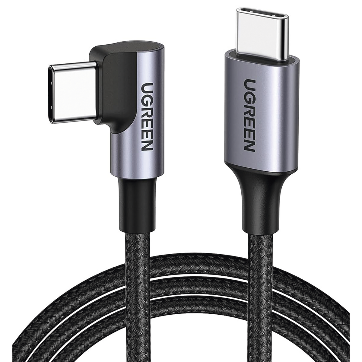 Cable USB-C a USB-C - 1 Metro (3.28 Pies) - Conector con Ángulo Recto de 90° - Carga Rápida de hasta 60W - 480 Mbps - PD3.0 - QC4.0/3.0/2.0 - FPC - AFC - Protección Integrada - Caja de Aluminio - Nylon Trenzado - Color Negro