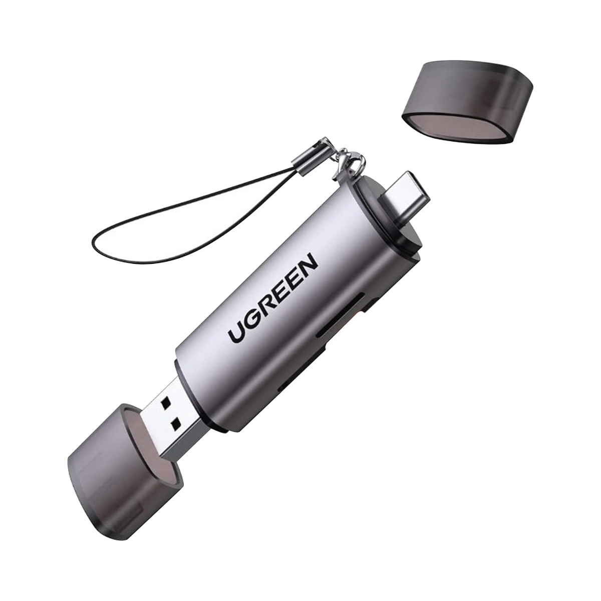 Lector de Tarjetas USB-C + USB-A a MicroSD (TF)/SD - OTG - USB-C 3.1 - 5Gbps - Soporta hasta 2TB - Soporta Windows/Mac OS/Linux/Android - Lectura de Tarjetas Simultánea - Caja de Aluminio - Llavero Anti-perdida.