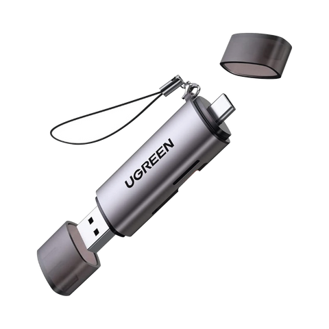 Lector de Tarjetas USB-C + USB-A a MicroSD (TF)/SD - OTG - USB-C 3.1 - 5Gbps - Soporta hasta 2TB - Soporta Windows/Mac OS/Linux/Android - Lectura de Tarjetas Simultánea - Caja de Aluminio - Llavero Anti-perdida.