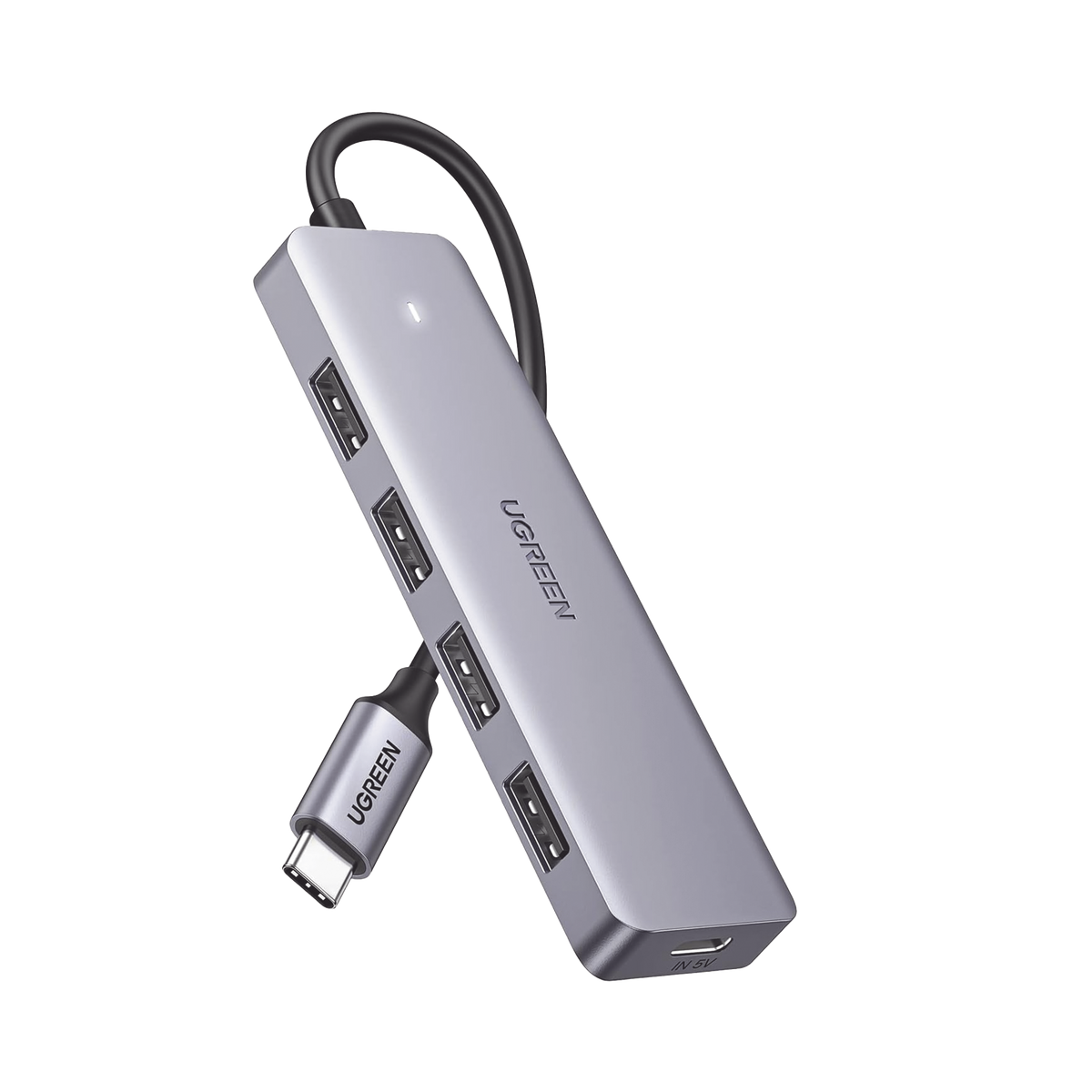 HUB USB-C 3.0 4 EN 1 - 4 Puertos USB-A (5Gbps) - Carcasa ABS + PC - Soporta OTG - Luz Indicadora LED - Compatible con iPhone 15 Pro MAX) - Interfaz Niquelada - Color Gris Metalizado - Cable de 15cm.