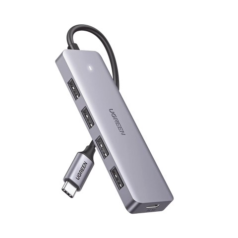 HUB USB-C 3.0 4 EN 1 - 4 Puertos USB-A (5Gbps) - Carcasa ABS + PC - Soporta OTG - Luz Indicadora LED - Compatible con iPhone 15 Pro MAX) - Interfaz Niquelada - Color Gris Metalizado - Cable de 15cm.