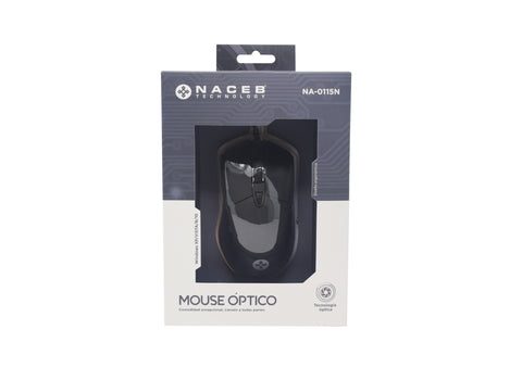 Mouse Naceb Technology NA-0115N, Negro, 6 botones, Alámbrico, Óptico, 800 - 2400 DPI