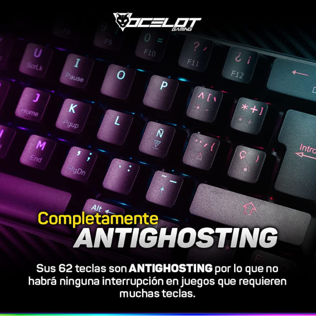 Teclado Mecanico Ocelot, Forma 60%, Alambrico, Plastico, Iluminacion Tipo Rgb, Gamer