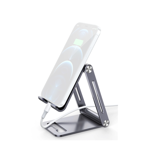 Soporte para Teléfono Celular de Aluminio - Angulo Ajustable - Amplia Compatibilidad con dispositivos de 4.7'' a 7.9'' - Antideslizante - Antiarañazos - Plegable - Color Gris.