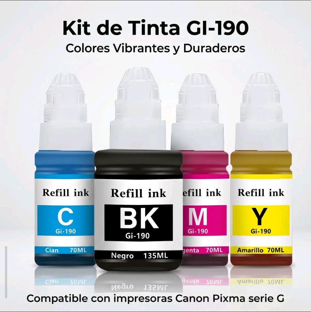 Kit Tintas GI-190 Black Cyan Magenta Yellow para Canon Pixma G1100 G1110 + Rendimiento Extra y Colores Brillantes + Envío Rápido ¡Calidad Premium!
