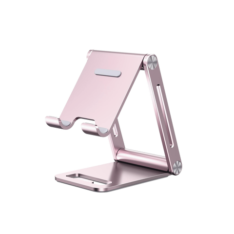 Soporte para Teléfono Celular de Aluminio | Angulo Ajustable | Amplia Compatibilidad con dispositivos de 4.7'' a 7.9'' | Antideslizante | Antiarañazos | Plegable | Color Rosa