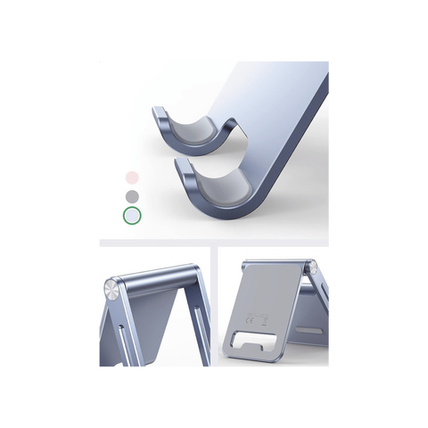 Soporte para Teléfono Celular de Aluminio | Angulo Ajustable | Amplia Compatibilidad con dispositivos de 4.7'' a 7.9'' | Antideslizante | Antiarañazos | Plegable | Color Azul