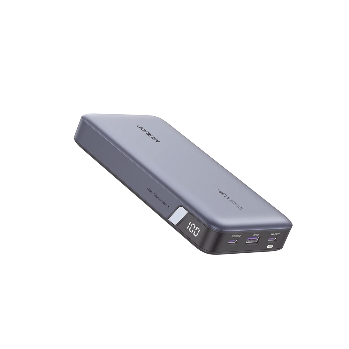 Power Bank de 25000mAh - 3 Salidas 145W Max. - USB-A + 2 USB-C - PD 3.0, QC3.0 - FCP - SCP - Pantalla Inteligente - Carcasa Ignifuga - Color Gris - Incluye Cable USB de 50cm - Carga tu Laptop de Manera Segura.