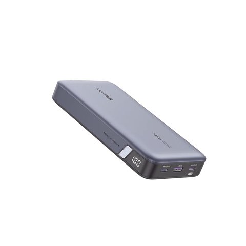 Power Bank de 25000mAh - 3 Salidas 145W Max. - USB-A + 2 USB-C - PD 3.0, QC3.0 - FCP - SCP - Pantalla Inteligente - Carcasa Ignifuga - Color Gris - Incluye Cable USB de 50cm - Carga tu Laptop de Manera Segura.