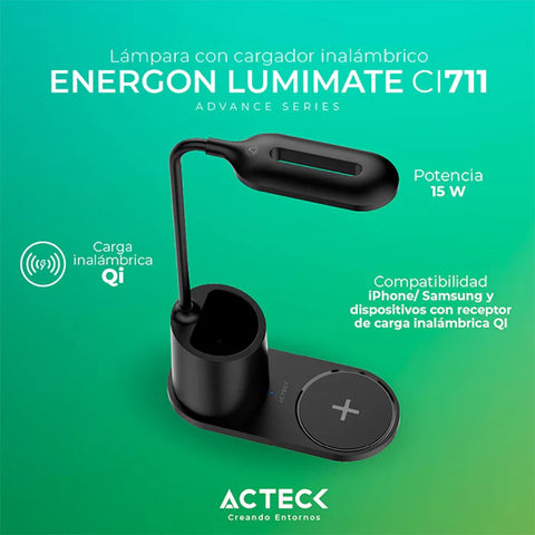Cargador Inalámbrico Acteck Energon Lumimate CI711 15W con Lámpara Integrada para iPhone y Samsung - Elegante y Funcional