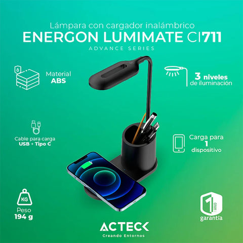 Cargador Inalámbrico Acteck Energon Lumimate CI711 15W con Lámpara Integrada para iPhone y Samsung - Elegante y Funcional