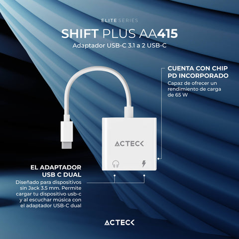 Adaptador USB-C Dual Acteck Shift Plus AA415 para Audio y Carga Rápida en Android e iOS - Práctico y Ultra-Compacto