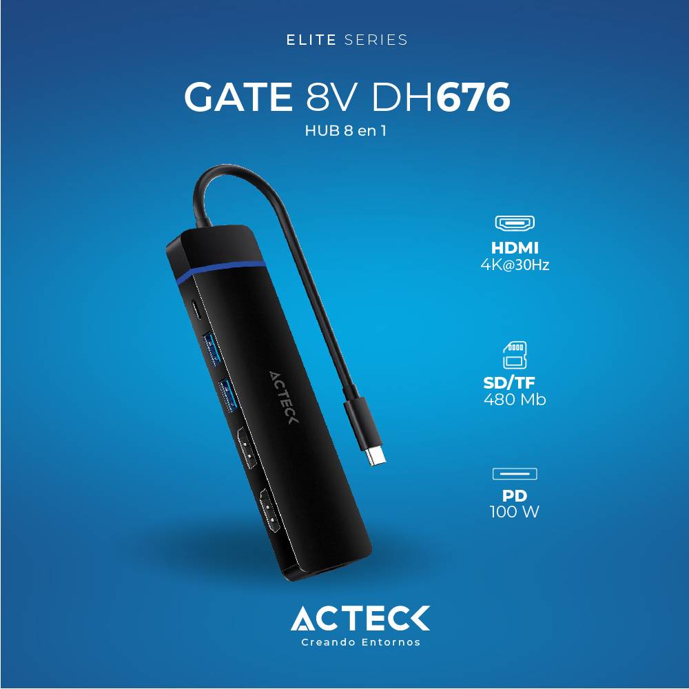 Hub USB 3.0 GATE 8V Acteck Elite DH676 - 8 Puertos Multiconexión - Máxima Productividad y Transmisión Rápida