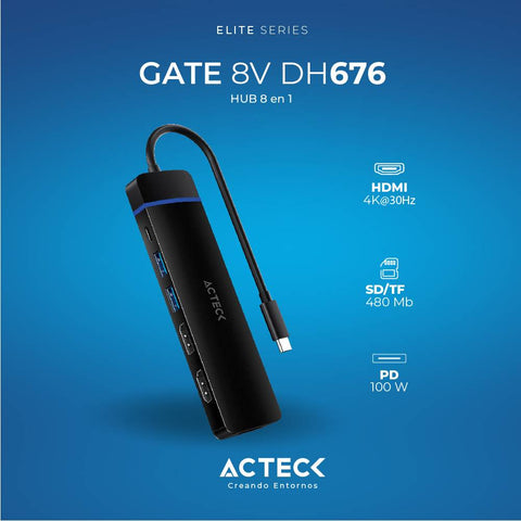 Hub USB 3.0 GATE 8V Acteck Elite DH676 - 8 Puertos Multiconexión - Máxima Productividad y Transmisión Rápida