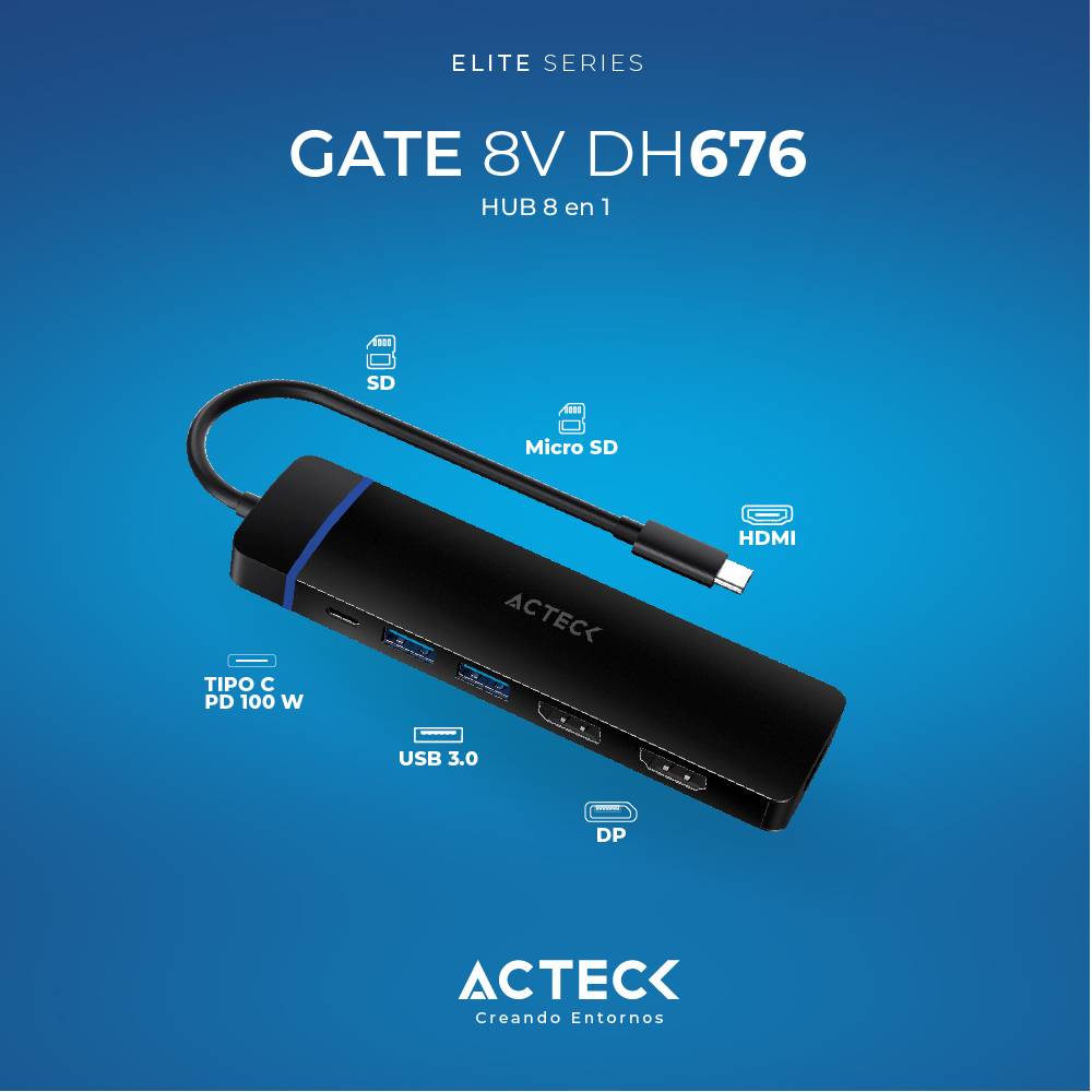 Hub USB 3.0 GATE 8V Acteck Elite DH676 - 8 Puertos Multiconexión - Máxima Productividad y Transmisión Rápida