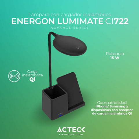 Cargador de Escritorio Acteck Energon Lumimate CI722 - Lámpara Integrada y Carga Rápida - Organización Eficiente y Moderna - Nuevo