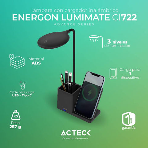 Cargador de Escritorio Acteck Energon Lumimate CI722 - Lámpara Integrada y Carga Rápida - Organización Eficiente y Moderna - Nuevo
