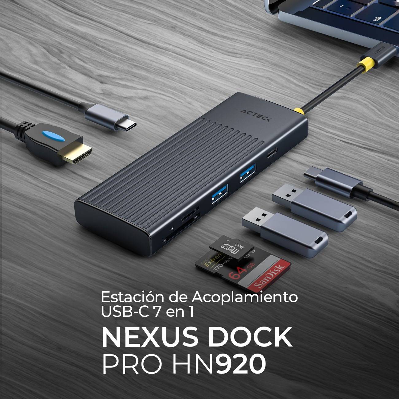 Hub USB 7 en 1 Acteck Nexus Dock Pro HN920 - Puerto HDMI 4K@60Hz y USB 3.2 5Gbps - Expansión Profesional para Laptop