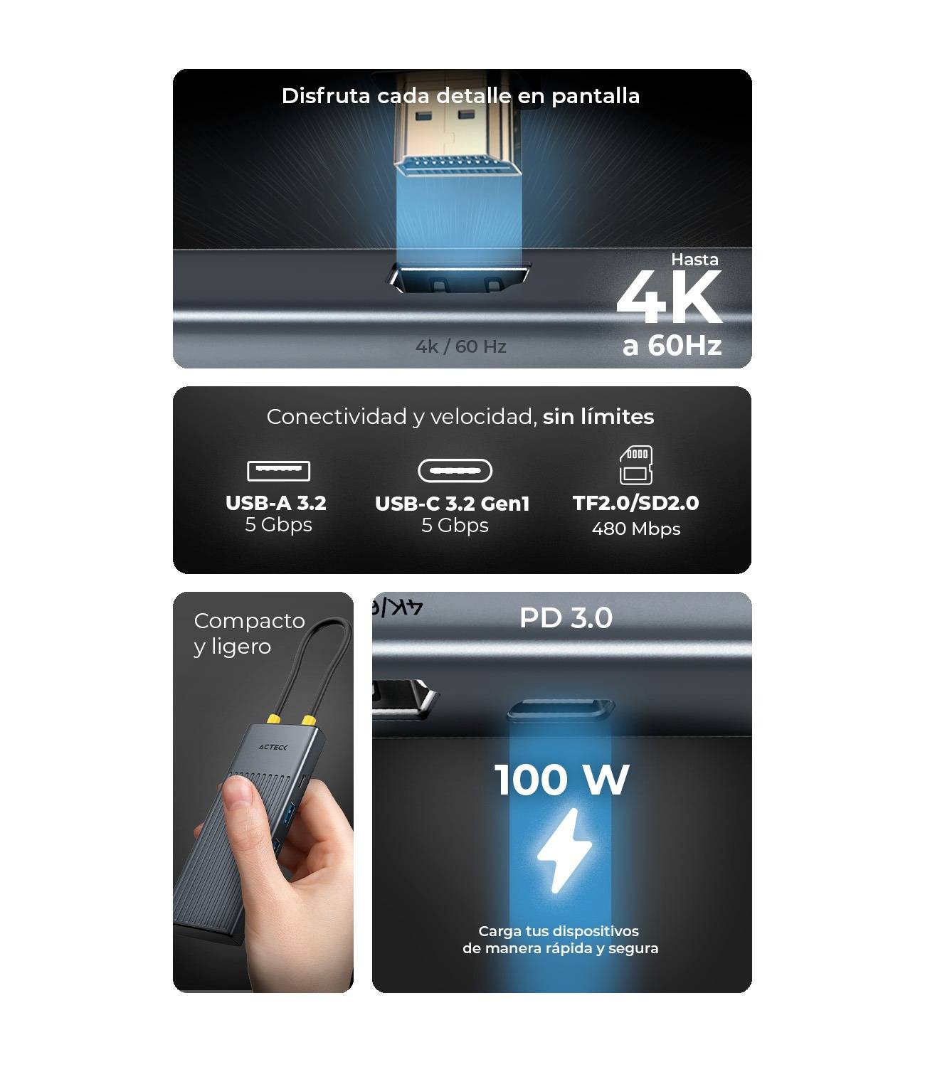 Hub USB 7 en 1 Acteck Nexus Dock Pro HN920 - Puerto HDMI 4K@60Hz y USB 3.2 5Gbps - Expansión Profesional para Laptop