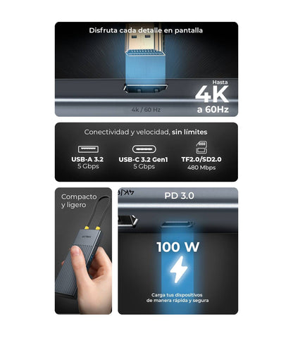 Hub USB 7 en 1 Acteck Nexus Dock Pro HN920 - Puerto HDMI 4K@60Hz y USB 3.2 5Gbps - Expansión Profesional para Laptop