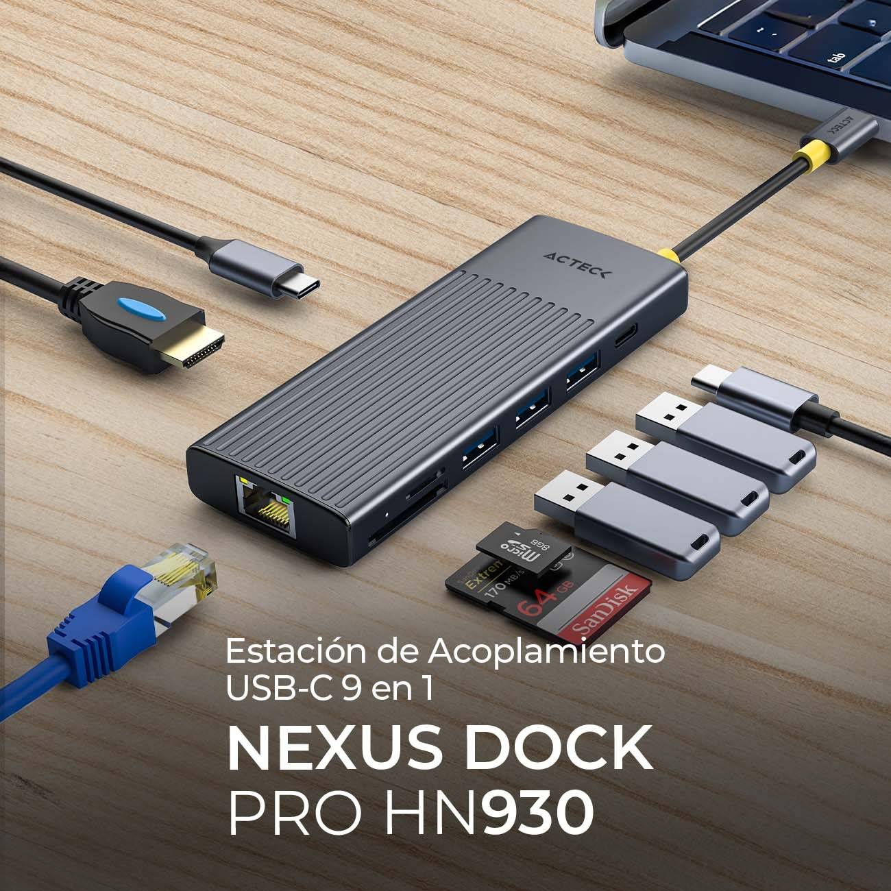 Hub USB 9 en 1 Acteck Nexus Dock Pro HN930 - Multipuerto de Alta Velocidad - Conecta Todos tus Dispositivos en Un Solo Lugar