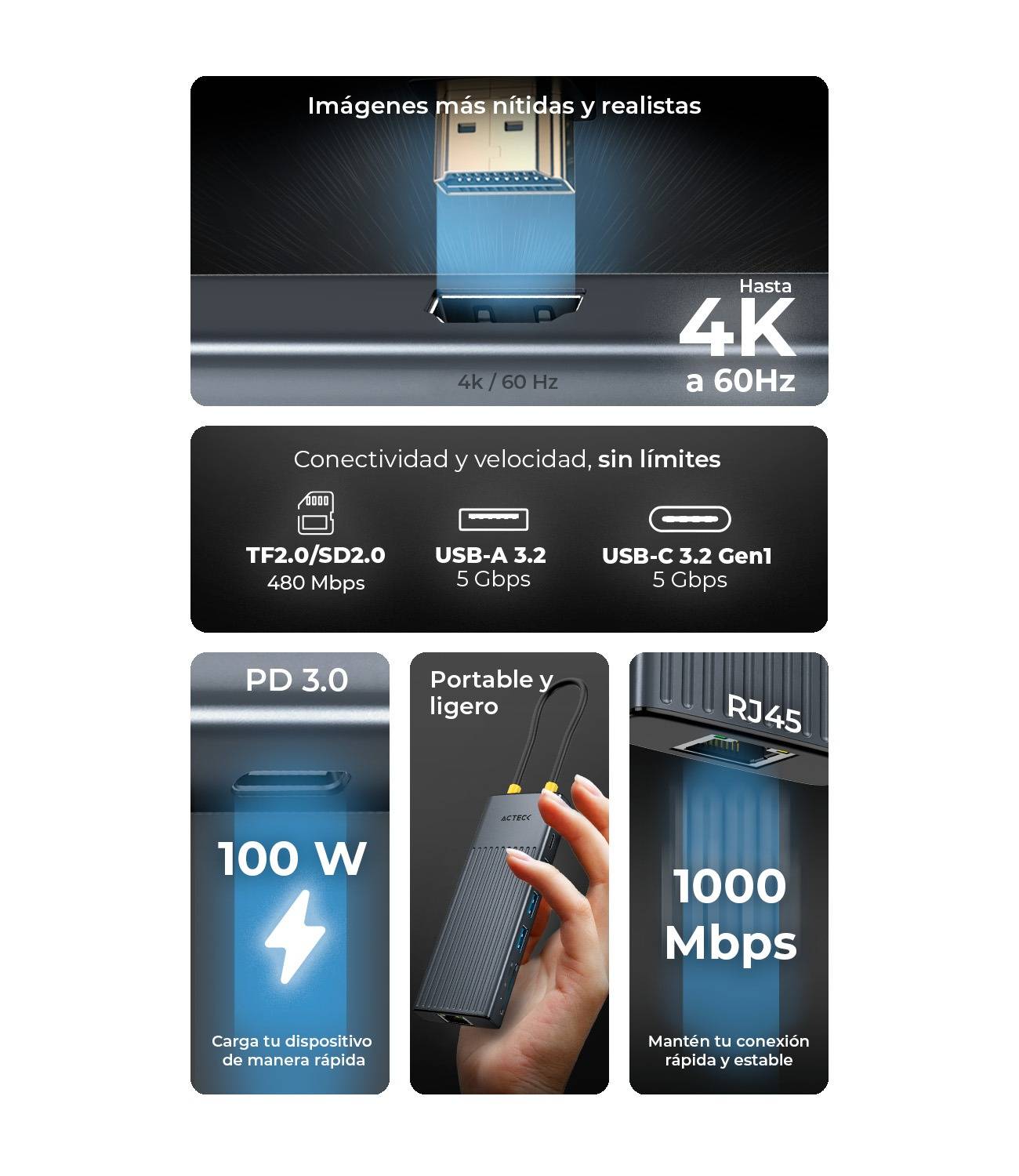 Hub USB 9 en 1 Acteck Nexus Dock Pro HN930 - Multipuerto de Alta Velocidad - Conecta Todos tus Dispositivos en Un Solo Lugar