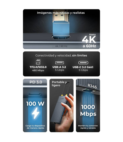 Hub USB 9 en 1 Acteck Nexus Dock Pro HN930 - Multipuerto de Alta Velocidad - Conecta Todos tus Dispositivos en Un Solo Lugar